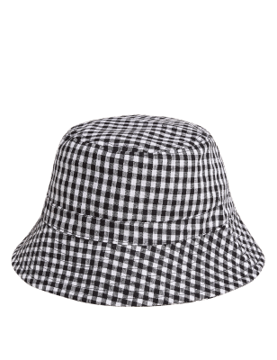 

Womens M&S Collection Pure Linen Checked Bucket Hat - Black Mix, Black Mix