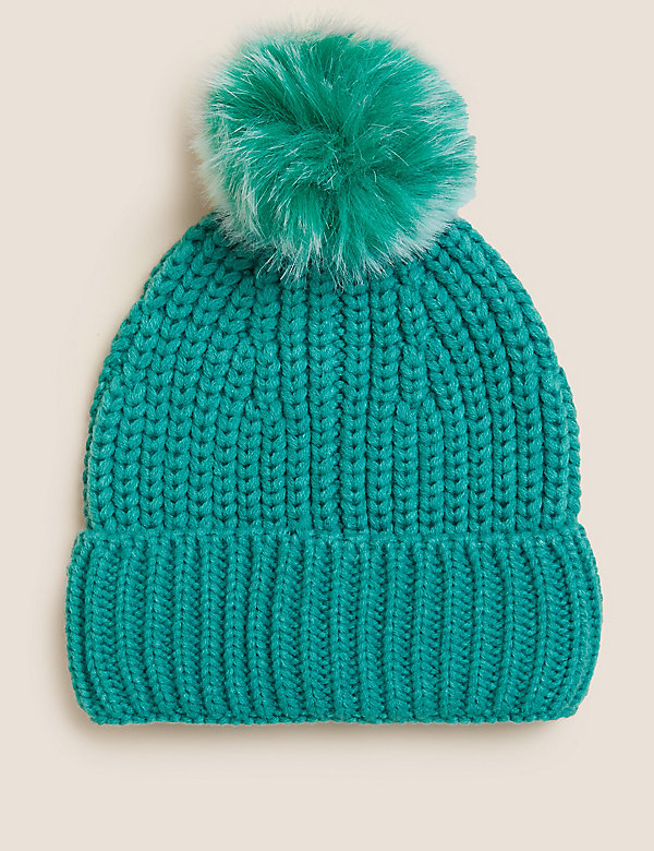 Knitted Faux Fur Pom Hat - DE