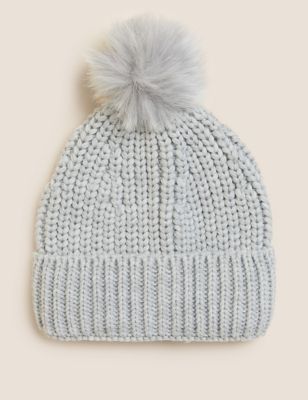 

Womens M&S Collection Knitted Faux Fur Pom Hat - Grey, Grey