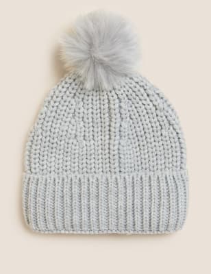 M&S Womens Knitted Faux Fur Pom Hat - Grey