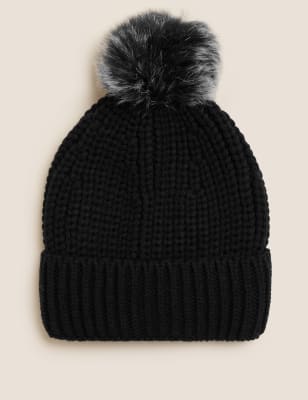 

Womens M&S Collection Knitted Faux Fur Pom Hat - Black, Black