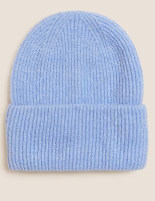 

Womens M&S Collection Knitted Rib Turn Up Beanie Hat - Light Blue, Light Blue