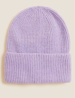 

Womens M&S Collection Knitted Rib Turn Up Beanie Hat - Lavender, Lavender