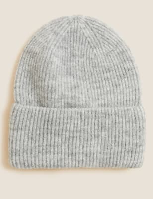 

Womens M&S Collection Knitted Rib Turn Up Beanie Hat - Grey, Grey