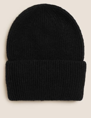 

Womens M&S Collection Knitted Rib Turn Up Beanie Hat - Black, Black