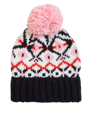 

Womens M&S Collection Knitted Fair Isle Pom Hat - Blue Mix, Blue Mix