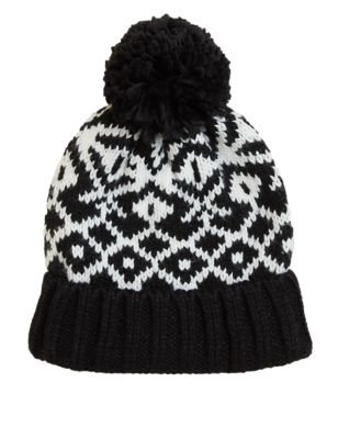 

Womens M&S Collection Knitted Fair Isle Pom Hat - Black Mix, Black Mix