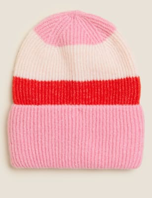 

Womens M&S Collection Knitted Rib Turn Up Beanie Hat - Pink Mix, Pink Mix