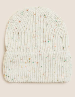 

Womens M&S Collection Knitted Rib Turn Up Beanie Hat - Cream Mix, Cream Mix