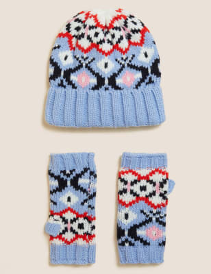 Knitted Fair Isle Hat & Gloves Gift Set