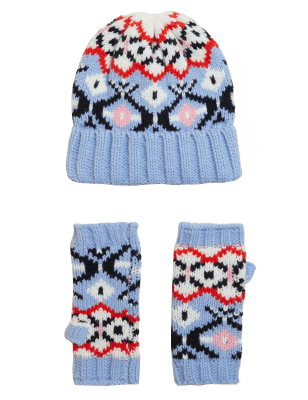

Womens M&S Collection Geschenkset aus Strickmütze und Handschuhen mit Norwegermuster - Blau Melange, Blau Melange