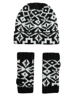 

M&S Collection Conjunto de gorro y guantes de punto con diseño Fair Isle para regaloWomens - Negro, Negro