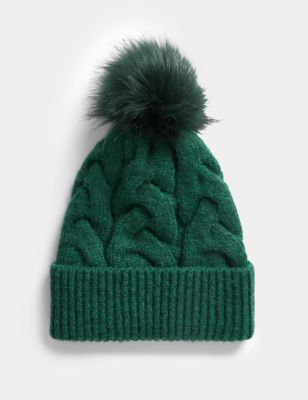 

Womens M&S Collection Knitted Cable Faux Fur Pom Hat - Green, Green