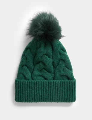 

Womens M&S Collection Knitted Cable Faux Fur Pom Hat - Green, Green