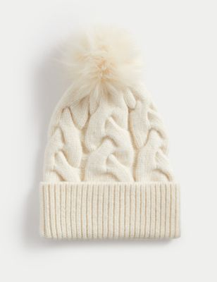 Knitted Cable Faux Fur Pom Hat