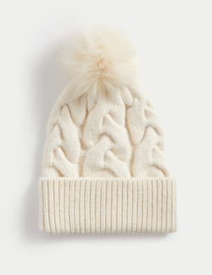 

Womens M&S Collection Knitted Cable Faux Fur Pom Hat - Cream, Cream