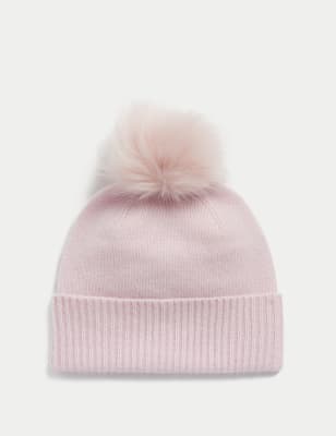 

Womens Autograph Pure Cashmere Faux Fur Pom Beanie Hat - Pink, Pink