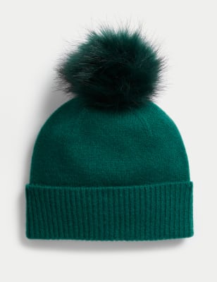 

Womens Autograph Pure Cashmere Faux Fur Pom Beanie Hat - Dark Green, Dark Green