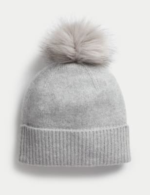 

Womens Autograph Pure Cashmere Faux Fur Pom Beanie Hat - Grey, Grey