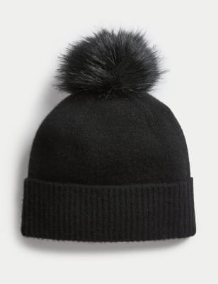 

Womens Autograph Pure Cashmere Faux Fur Pom Beanie Hat - Black, Black