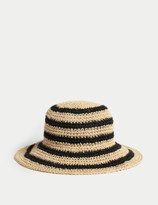 M&S Womens Straw Packable Bucket Hat - M-L - Black Mix, Black Mix,Orange,Green,Natural,Black