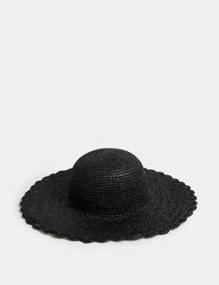 M&S Womens Straw Wide Brim Hat - M-L - Black, Black