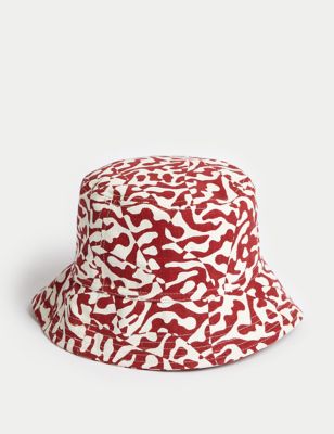 M&S Womens Pure Cotton Printed Bucket Hat - S-M - Red Mix, Red Mix,Black Mix