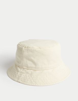 M&S Womens Pure Cotton Bucket Hat - M-L - Cream, Cream,Black,Denim