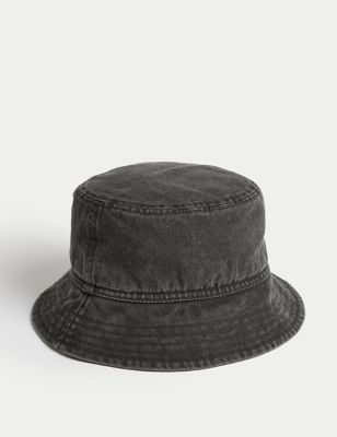M&S Womens Pure Cotton Bucket Hat - S-M - Black, Black,Denim