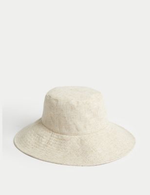 M&S Womens Wide Brim Bucket Hat with Linen - S-M - Natural, Natural
