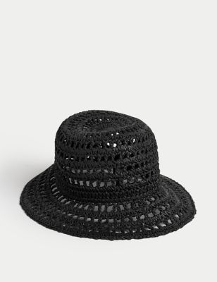M&S Womens Straw Bucket Hat - M-L - Black, Black,Natural