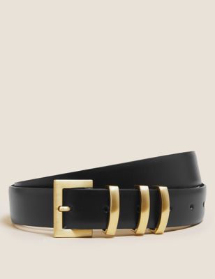 Womens M&S Collection Leather Square Buckle Jean Belt - Black, Black
