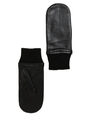 

Womens M&S Collection Leather Knitted Cuff Touchscreen Mittens - Black, Black