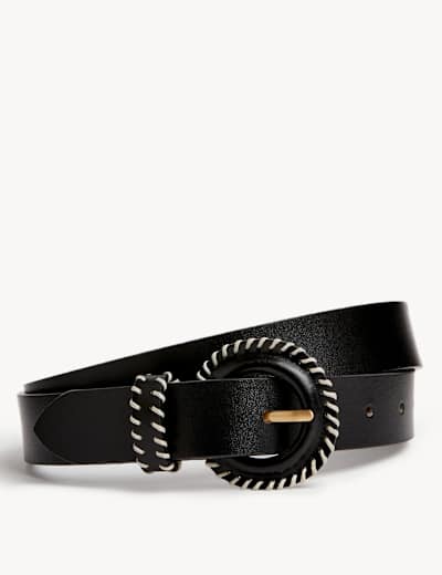 Leather Circle Buckle Whipstitch Jeans Belt