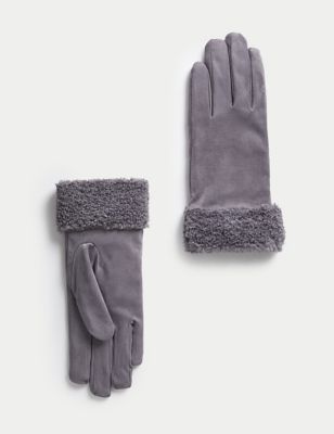 M&S Women's Faux Sheepskin Cuffed Gloves - Grey, Grey,Natural,Black