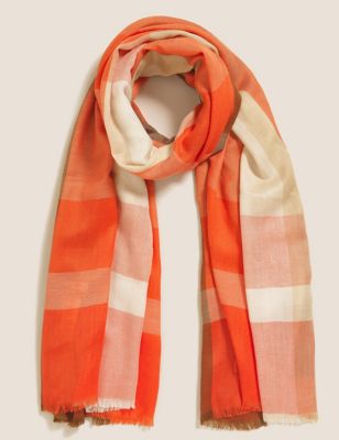 

Womens M&S Collection Checked Scarf with Wool - Orange Mix, Orange Mix