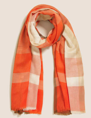 

Womens M&S Collection Checked Scarf with Wool - Orange Mix, Orange Mix