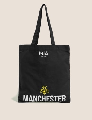  Sac fourre-tout en toile à imprimé abeille avec texte « Manchester » - Noir