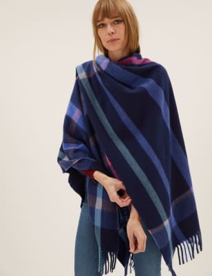 

Womens M&S Collection Woven Checked Tassel Poncho - Navy Mix, Navy Mix