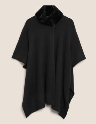 

Womens M&S Collection Knitted Faux Fur Collar Poncho - Black, Black