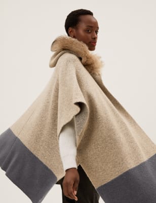 

Womens M&S Collection Kapuzenponcho mit Kunstfellbesatz - Naturfarben Melange, Naturfarben Melange