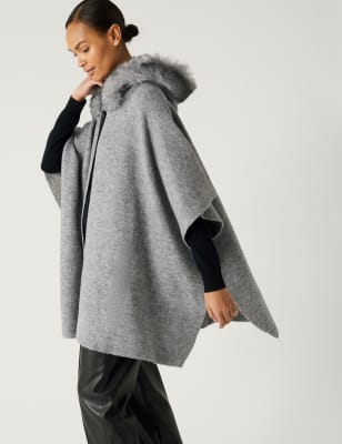 Hooded Faux Fur Trim Poncho