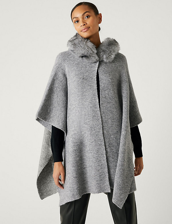 Hooded Faux Fur Trim Poncho - NL