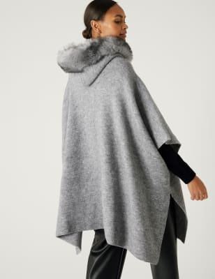 Hooded Faux Fur Trim Poncho