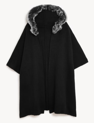 

Womens M&S Collection Hooded Faux Fur Trim Poncho - Black Mix, Black Mix