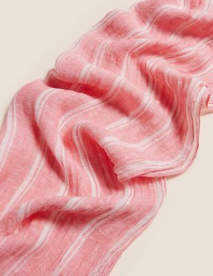 Womens M&S Collection Pure Linen Striped Scarf - Coral Mix