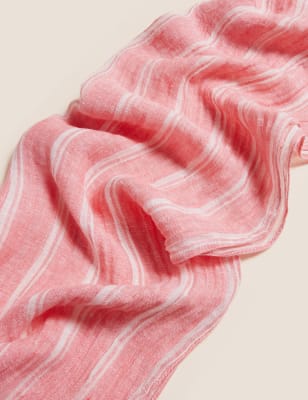 Womens M&S Collection Pure Linen Striped Scarf - Coral Mix