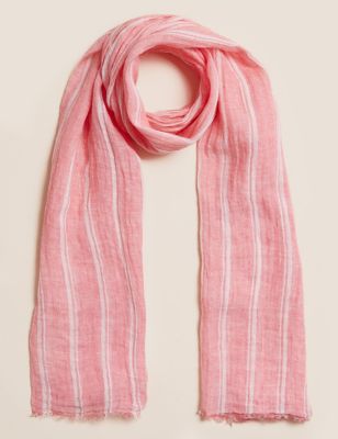 Womens M&S Collection Pure Linen Striped Scarf - Coral Mix, Coral Mix