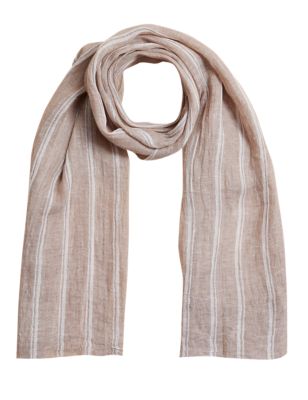 Womens M&S Collection Pure Linen Striped Scarf - Natural