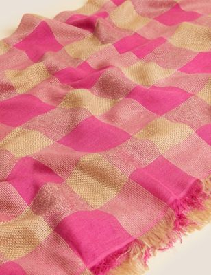 

Womens M&S Collection Checked Fringed Scarf with Wool - Pink Mix, Pink Mix